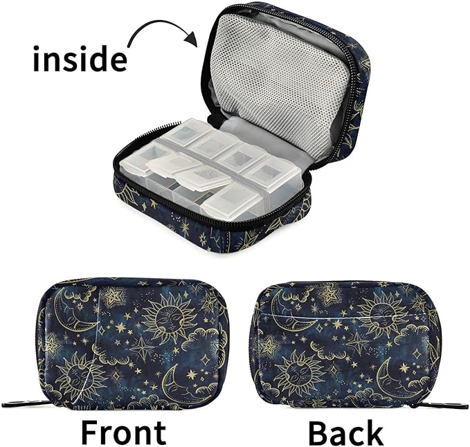 Pill Box Vintage Moon Sun Star Sky 7 Day Pill Case Travel Pill Organizer Bag with Zipper Portable Weekly Vitamin Medicine Supplement Holder Pouch Bag