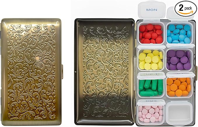 Set of 2 Metal-Plated Weekly (7-Day) Pill Box Case & Portable Medicine Organizer (Large Antique Brass Victorian)