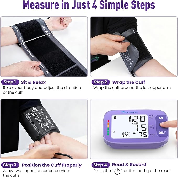 Upper Arm Blood Pressure Monitor with Wide Cuff, Automatic Digital BP Machine for Home Use, Large Backlit Display, Irregular Heartbeat Detection, Includes Storage Bag & 2×60 Memory (Purple)