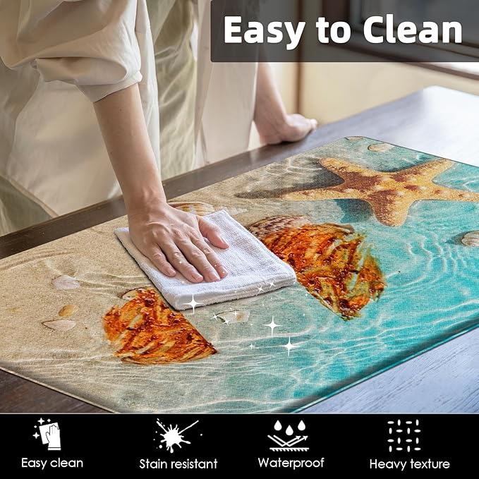 Anti-Fatigue Beach Kitchen Rug Set of 2 Cushioned Seashell Rug Mat for Floor, Summer Standing Waterproof Non-Slip Mat PVC Ergonomic Comfort Foam Decor for Kitchen