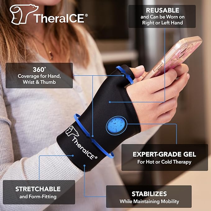 TheraICE Wrist Ice Pack Wrap Thumb Brace for Either Hand for Hot & Cold Therapy - Reusable Soft Gel Glove for Injuries, Carpal Tunnel, Arthritis, De Quervain's Tenosynovitis - Fits Most Women - S/M