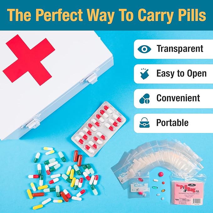 Medicine Pill Organizer, Labels for AM/PM, Resealable, Portable, Disposable Pouches for Medicine, Vitamins, Gummies,Plastic Pill Bags for Travel, Walks XL Size |100 Count (2 Packs of 50)