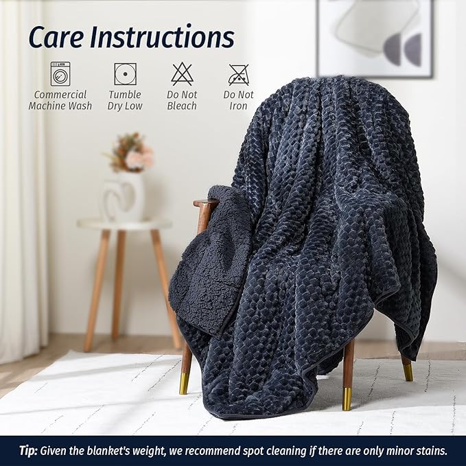 Wemore Fleece Weighted Blanket for Adults (48" x 72" 15lbs, Grey-Blue), Dual Sided Cozy Soft Sherpa Heavy Blanket, 3D Imitation Turtle Shell Warm Jacquard Flannel Weighted Blankets for Couch and Bed