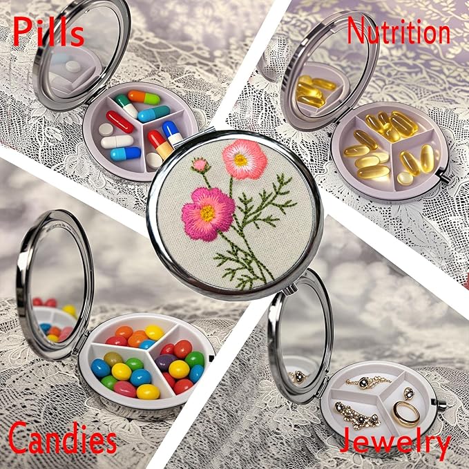 Leimandy 3-Compartment Embroidery Travel Pill Organizer with Mirror Portable Pill Case for Medication & Vitamins Compact Gift Box for Birthdays | Thanksgiving |Teachers Gift L3 (Cosmos Flower)