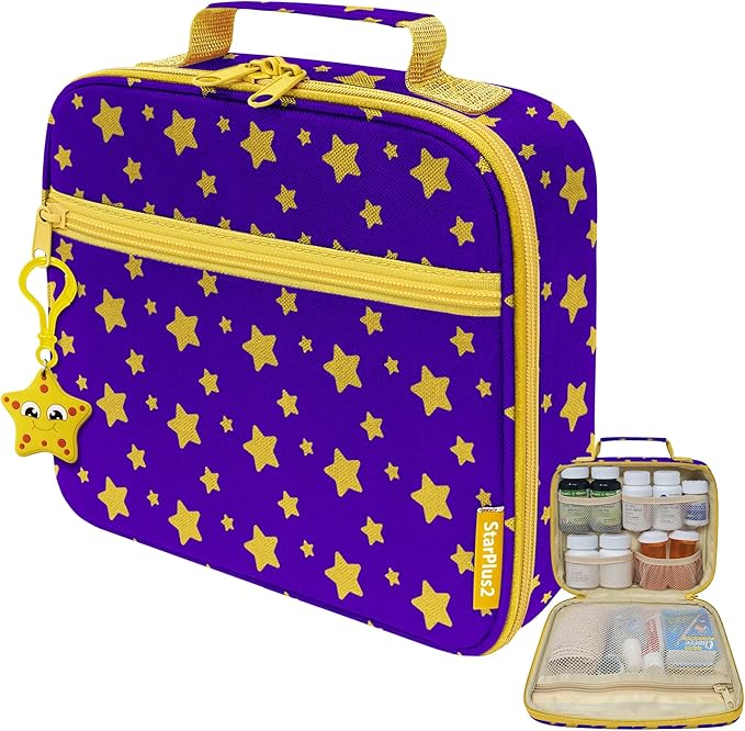 Medium Travel Pill Bottle Organizer, Child Medicine Bag with Zipper Toy, Carrier for Kids Medications and Medical Supplies - Yellow Stars