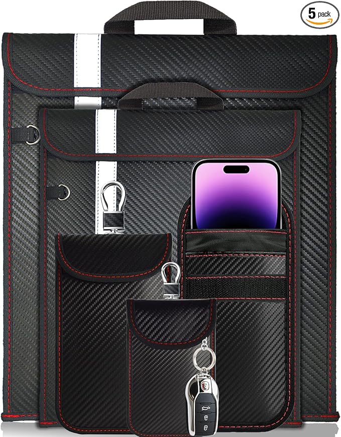 Faraday Bags Emp Protection, Anti-Tracking Bags-5 Pack for Phones & Tablets & Laptops & Car Keys, RFID Faraday Bag Emp Proof, Carbon Fiber Large Faraday Pouch with Handle