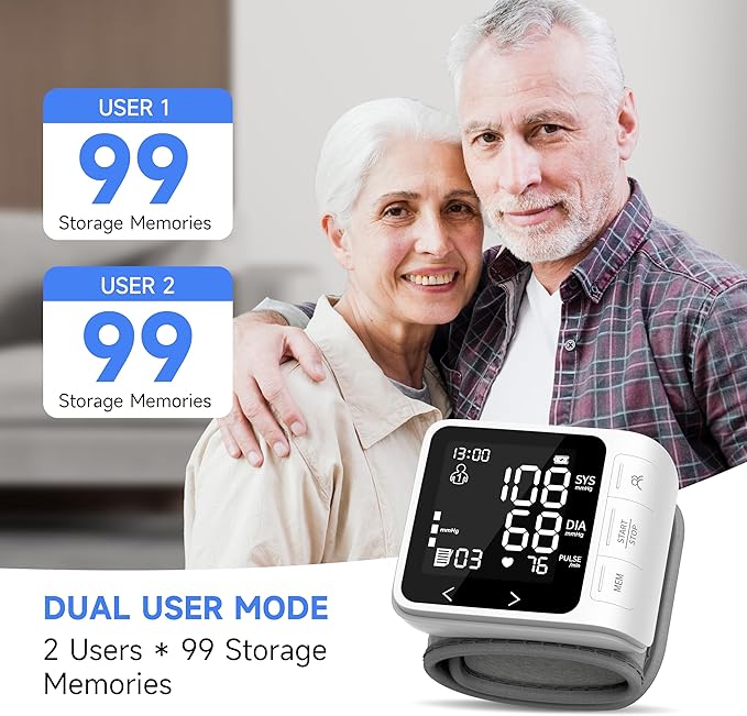 VivaGuard Wrist Blood Pressure Monitor, LCD Backlit Dispaly BP Machine Automatic Digital Portable Wrist Blood Pressure Cuff with Heartbeat Detector, 2 * 99 Memory, Carrying Case, 2 AAA Batteries