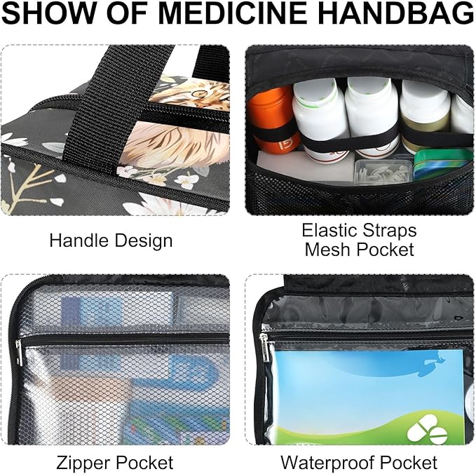Fustylead Cute Maine Coon Cat and Beautiful Daisy Flower Pill Organizer Bag Large Medicine Travel Carrying Case with Zipper for Vitamin Supplements Fish Oil, Empty First Aid Kit for Hiking Camping