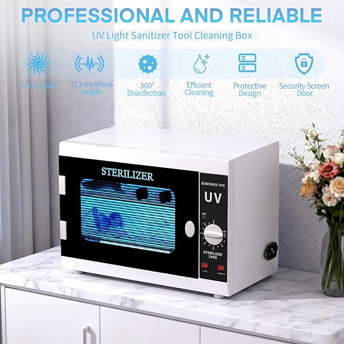 12L Nail Tools Cleaning Machine, Professional Dual Lamps System Cabinet with Digital Timer for Salon, Spa, Beauty, Barber & Home Metal Tools
