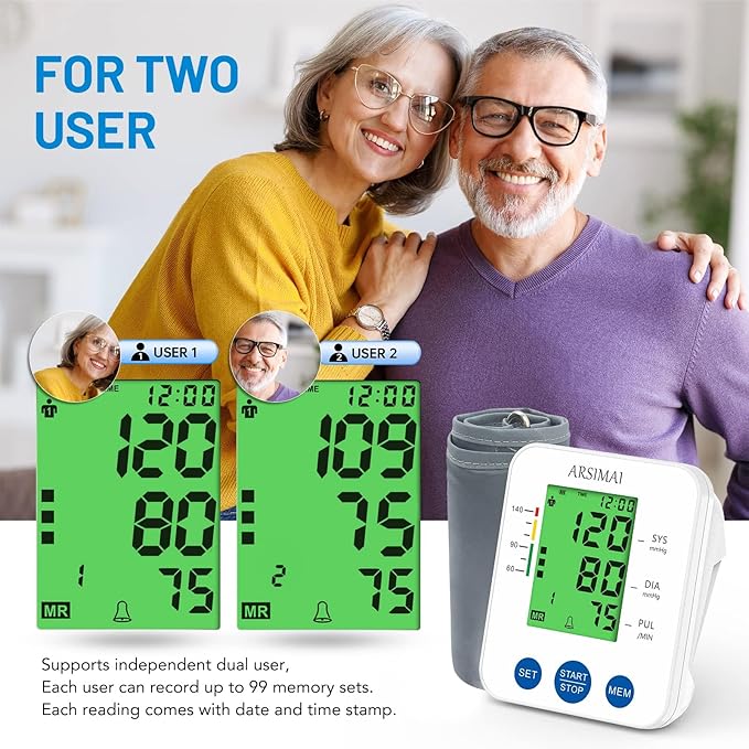 Blood Pressure Monitor Accurate Automatic Upper Arm High Blood Pressure Monitors Portable LCD Screen Powered by Battery with Adjustable Cuff and Storage Bag -White