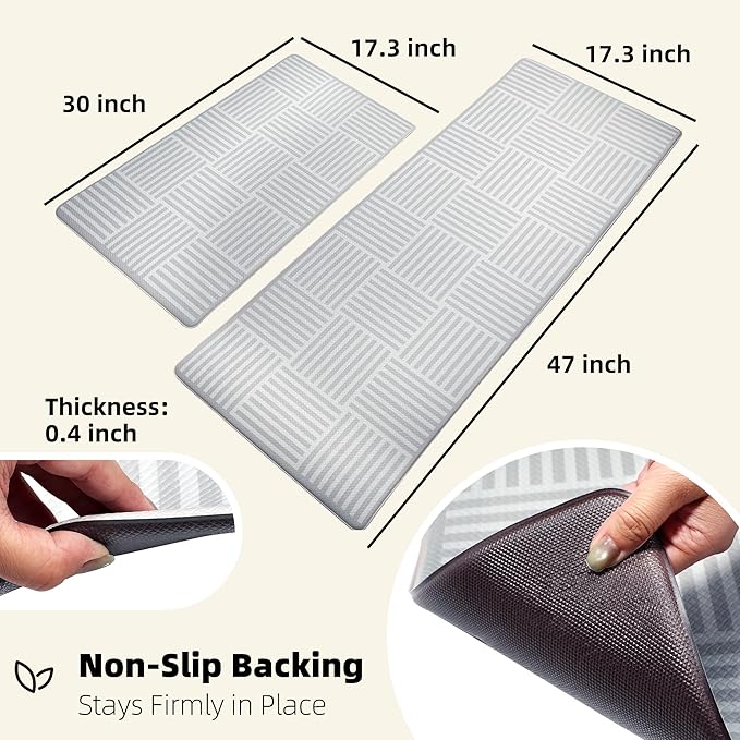 Kitchen Mats For Floor 2 Piece Cushioned Anti Fatigue Kitchen Plaid Rugs Set Non Slip Waterproof Comfort Foam Standing For Laundry,Desk,Office,Bathroom,Apartment Decor,17.3"X29"+17.3"X47",Grey