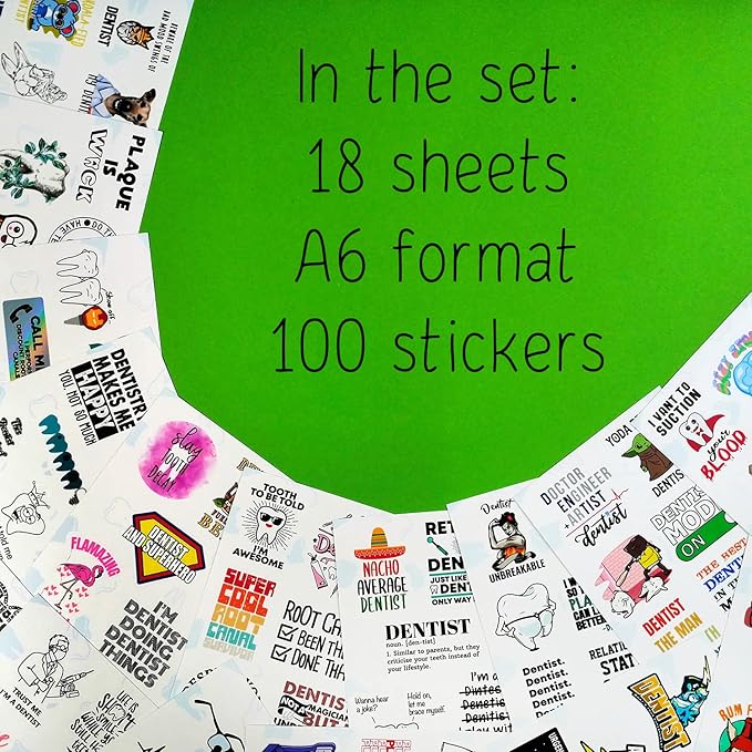 BulbaCraft 100 Pcs Funny Dentist Stickers, Dentist Gifts for Women and Men, Dental Decorations, Dental Party Decor, Gifts for Women & Men
