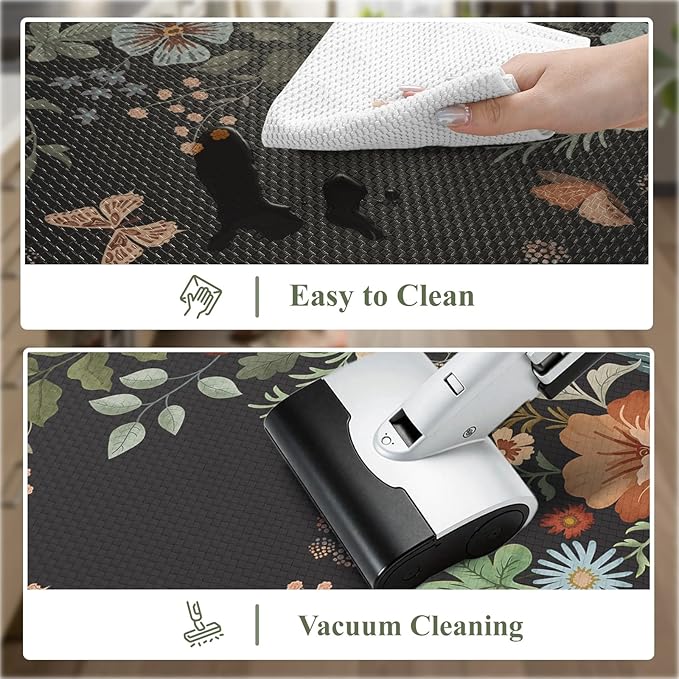 Collive Anti Fatigue Mats for Kitchen Floor, Scalloped Cushioned Comfort Kitchen Rugs Set of 2 Waterproof Non Skid Padded Kitchen Floor Mat, Boho Floral Rug Black Standing Carpet for Office, Laundry