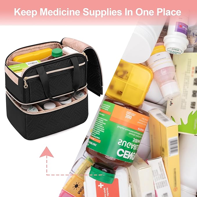 Damero Double Layers Pill Bottle Organizer Empty, Lockable Medicine Storage Bag Medication Travel Bag with 4 Customized Dividers for Prescription Bottles, Medical Supplements,Black