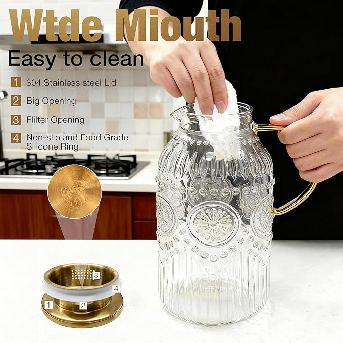 Amzcku Glass Pitcher with Lid, 101 oz/ 3 Liter Vintage Water Pitcher,Water Carafe for Cold Brew, Coffee, Lemonade, Iced Tea,Beverage, Heat Resistant Water Glass Jug 1Pack