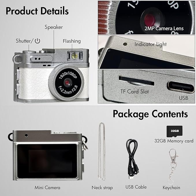 Mini Digital Camera, Retro Camera, 1080P Tiny Keychain Camera with 32GB Card, Small Nostalgia Pocket Video Recorder Photo for Travel Hiking Recording(White)