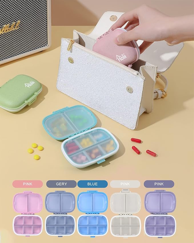 Holii 2PS 8 Compartments Travel Pill Organizer, Pocket Pharmacy for Purse Daily Pill Box Portable Medicine Organizer Vitamin Holder Container (Light Pink)