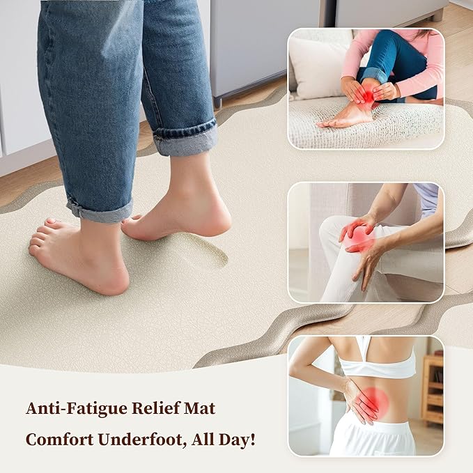 Scalloped Kitchen Mats Rugs Sets of 2 Cushioned Anti Fatigue Floor Mat Waterproof Kitchen Rugs Non Slip Foam Comfort Standing Mat for Sink Laundry, Khaki