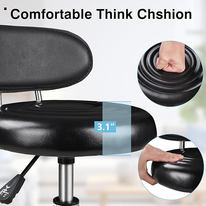 VECELO Salon Rolling Stool, Spa Chair with Backrest, Hydraulic Height Adjustable from 19.7" to 25.8" with 300 lb Capacity, for Salon, Spa, Lab (Black)