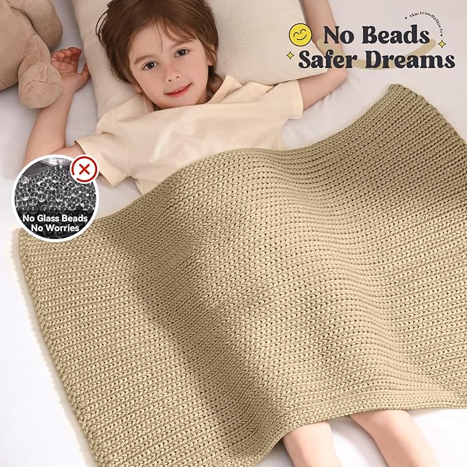 Guohaoi Knitted Weighted Lap Pad (Beige 20"x30" 2lbs) No Beads Cooling Weighted Blanket Kids for Nap, Breathable Chunky Knit Blanket, Small Throw Blanket for Travel Indoor Outdoor