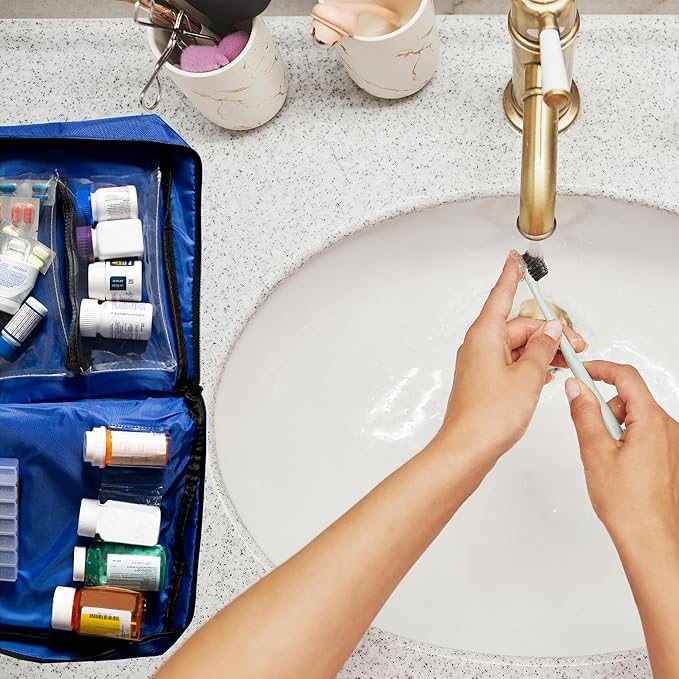 Large Medicine Bag Includes Pill Box and Removable Clear Bags, Prescription Bottle Organizer, Travel Carry Case, Standard Lock,12 x 10 x 2 Inch (Royal Blue)