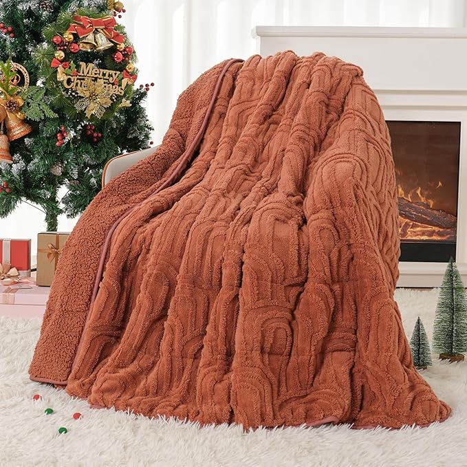 Cottonblue Jacquard Weighted Blanket for Adults 15 lbs Twin Size, Cozy Fluffy Sherpa Fleece Weighted Throw Blankets 48" x 72" for Sleep Relax, Fuzzy Warm Arch Heavy Blanket for Bed Couch, Rust Pink