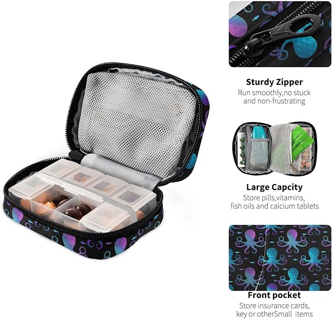 Travel Pill Organizer Bag Weekly Pill Organizer Case Gradient Octopus Fish Portable Small Daily Pill Boxes for Vitamin Fish Oils Supplement Holder with Zipper Compact Size
