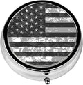 Pill Box, 3 Compartments Small Pill Case Travel Portable Metal Medicine Box with Mirror Mini Container for Purse Pocket Women Men（Black Camo American Flag）