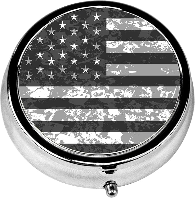 Pill Box, 3 Compartments Small Pill Case Travel Portable Metal Medicine Box with Mirror Mini Container for Purse Pocket Women Men（Black Camo American Flag）