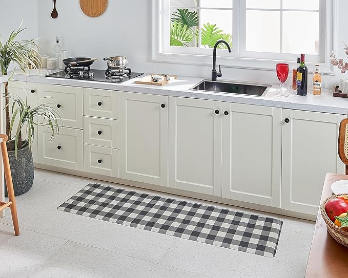 Anti Fatigue Kitchen Rugs Farmhouse Kitchen Mats for Floor,Cushioned Non-Slip Ergonomic Comfort Rug Standing Mat for Kitchen,Doing Dishes,Floor,Home,Office,Laundry,Plaid Black,17.3"x60"