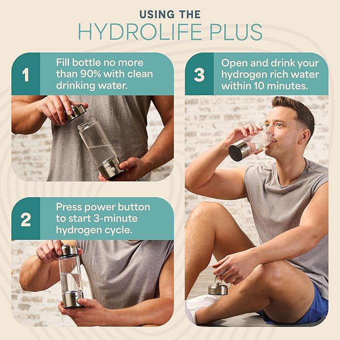 Lifepro Hydrogen Water Bottle Generator with Ionizer & SPE/PEM Technology – HydroLife Plus Portable, Rechargeable Alkaline + Hydrogen Water Machine for Daily Wellness & Hydration – 14oz Capacity