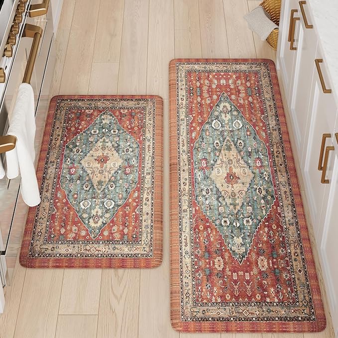 Collive Boho Kitchen Mats for Floor, Kitchen Mats Cushioned Anti Fatigue Waterproof Kitchen Rugs Sets of 2 Non-Skid Comfort Standing Mat for Kitchen, Office, Sink, Laundry, 20"x32"+20"x48"(Red)
