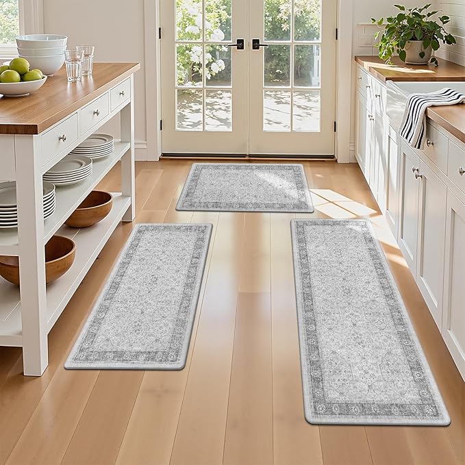 Pauwer Anti Fatigue Kitchen Floor Mats Set of 3, PVC Foam Padded Kitchen Rugs, Non Slip Cushioned Comfort Standing Mat, Waterproof Sink Rug for Small Kitchen Area, Laundry Room, Light Grey