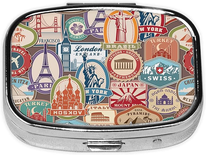 Pill Box-2 Compartment Small Pill Case Square Organizer Case with Mirror Portable Metal Medicine Box Travel Container for Pocket & Purse Women Men（Travel Stamp）