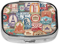 Pill Box-2 Compartment Small Pill Case Square Organizer Case with Mirror Portable Metal Medicine Box Travel Container for Pocket & Purse Women Men（Travel Stamp）
