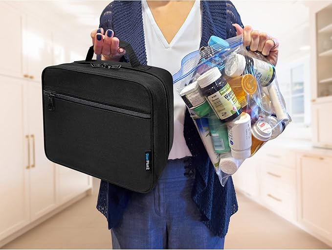 Large Pill Bottle Organizer - 10 Pockets Medicine Bag for Travel & Home Storage - Black