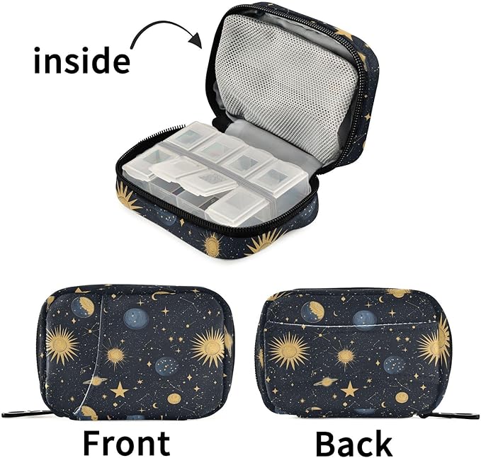 Fustylead Cosmic Space Background with Sun Moon Star Planet Travel Pill Case Bag with Zipper Weekly Pill Box 8 Compartments 7 Day Personal Pill Case Purse Medicine Case Organizer