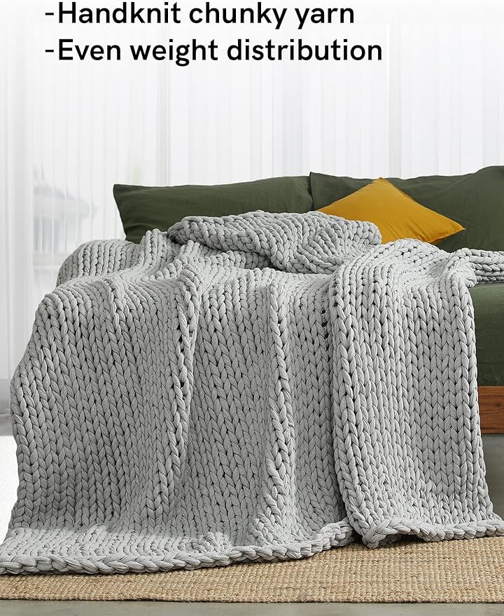 YnM 100% Cotton Weighted Blanket, Handmade Chunky Knitted Throw, No fillers Design, Soft and Breathable, Machine Washable Bed Blanket for Sleep or Home Decor (Lighte Grey, 80x84 Inch, 35lbs)