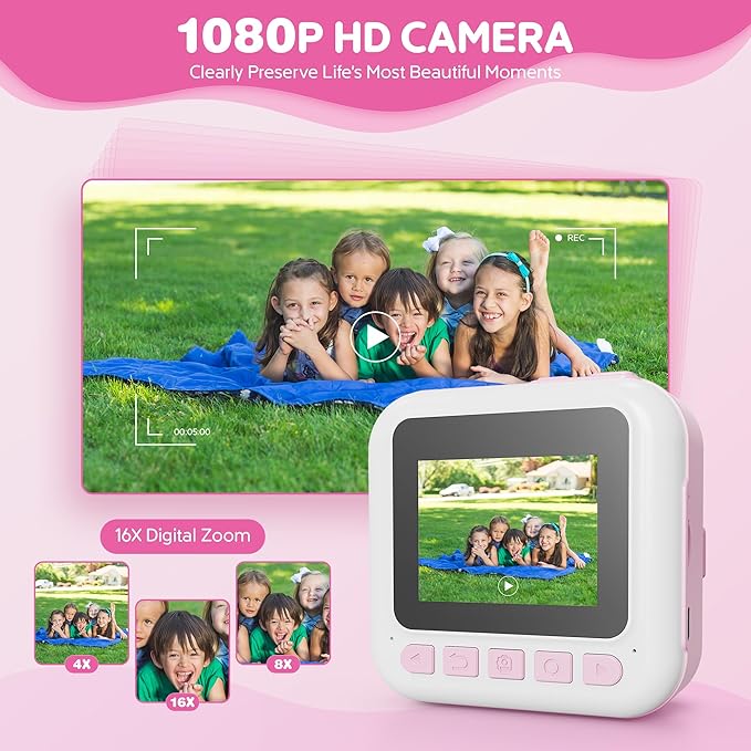 Contixo KC4 Kids Camera Instant Print, Pink 2.4” Screen Children Digital Printing Cameras with 1080P Video, 16X Zoom, 32GB Storage, Toddler Portable Travel Toys for Age 3 Years Up Girls Boys