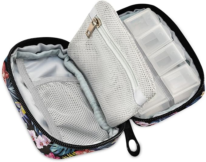 Naanle Pill Organizer Hawaii Palm Leaves Flowers Pill Box 7 Day Pill Case Bag Travel Pill Organizer Bag with Zipper Portable Weekly Case Compact Size for Vitamin Supplement Holder