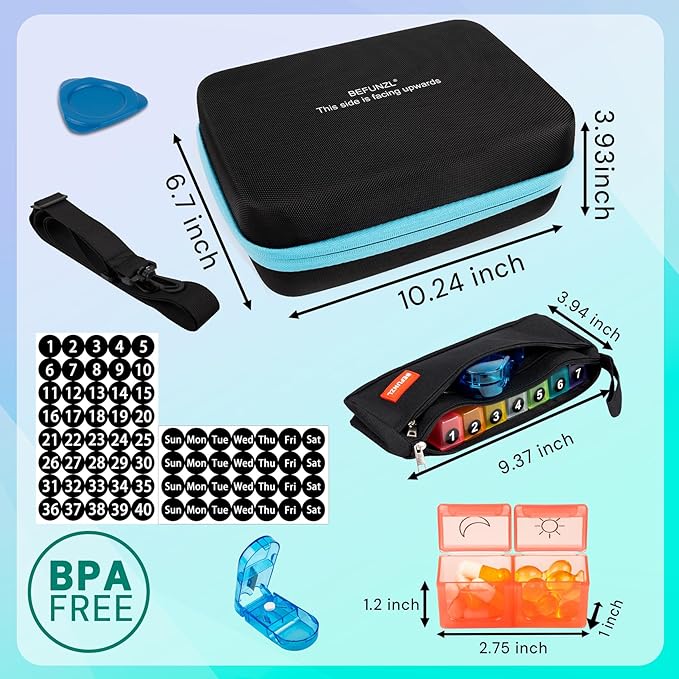Monthly Pill Organizer, Medicine Organizer Box with Portable Hard Shell and Pill Cutter, 31 Day Pill Holder with Weekly Pill Bag (Blue, 2 Times a Day)
