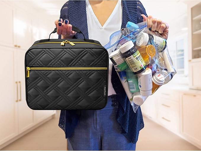 Large Quilted Pill Bottle Organizer - 10 Pockets Soft Medicine Bag for Travel & Home Storage - Black