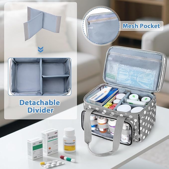 LUXJA Double-Layer Medicine Bag with Transparent Compartment, Pill Bottle Organizer with Detachable Divider (Suitable as a Home or Travel Medicine Bag), Polka Dots
