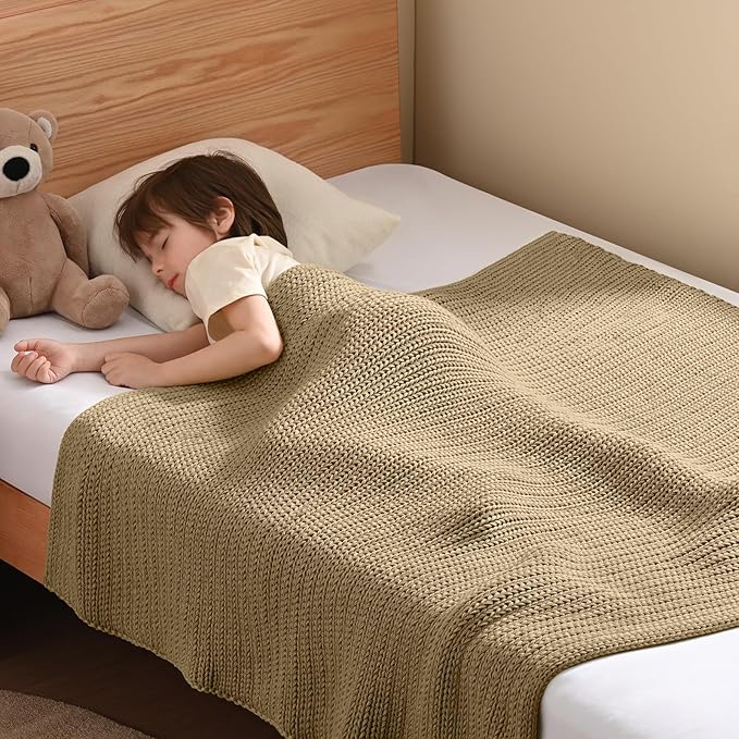 Guohaoi Knitted Weighted Blanket Kids (Beige 50"x60" 10lbs) No Beads Cooling Heavy Blanket, Home Decor Breathable Chunky Knit Throw Blanket for All-Season Use