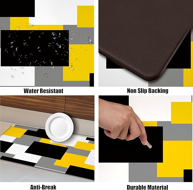 Yellow Grey Kitchen Rug Set of 2 Cushioned Anti Fatigue Kitchen Mats for Floor Non-Slip Waterproof Kitchen Floor Mats Geometric Ergonomic Cushioned Comfort Standing Mat for Laundry, Office, Sink