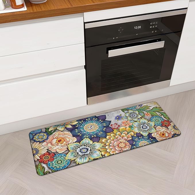 Floral Kitchen Runner Rug Mat for Floor Boho Cushioned Anti-Fatigue Mat Non-Slip Standing Desk Waterproof Comfort Floor Mat for Sink, Office, Laundry, 17.3x47 Inch