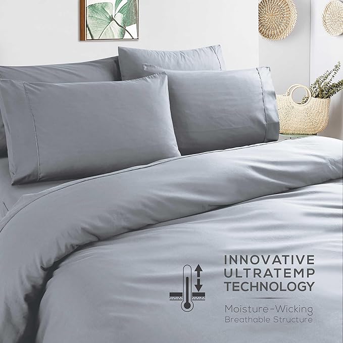 Mueller Ultratemp Bed Sheets Set, Super Soft 1800, 6 Piece California King Sheet Sets, Deep Pocket up to 16", Transfers Heat, Breathes Better, Hypoallergenic, Wrinkle-Resistant, Oeko-TEX, Light Grey