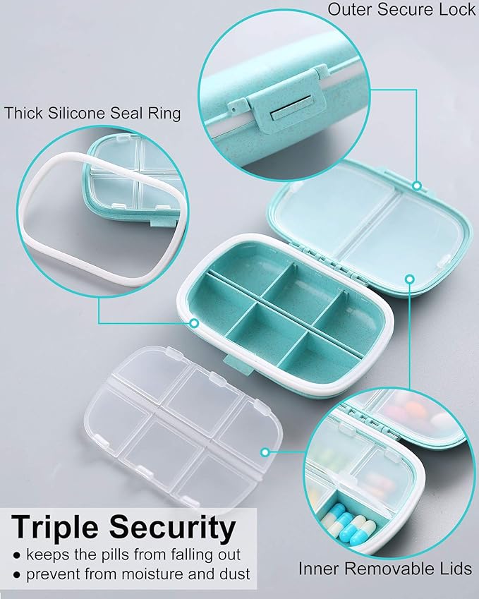 8 Compartments Travel Pill Organizer, Daily Pill Case Small Pill Box for Pocket Purse, Portable Pill Container Medicine Vitamin Organizer (Blue & Green)