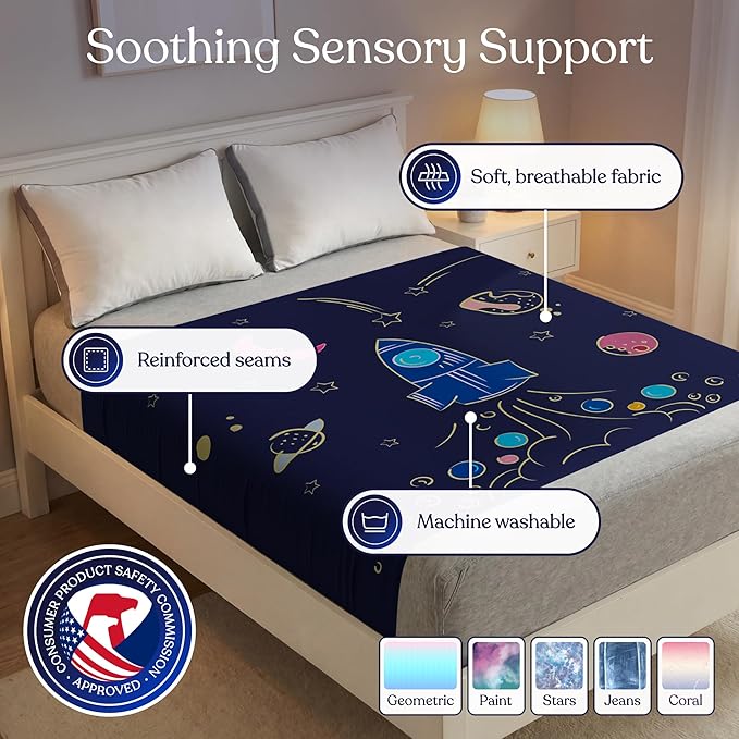 Deep Pressure Sensory Bed Sheet – Full Sensory Compression Sheet Breathable Sleep Pod Blanket for Better Sleep Support – Calming Compression Blankets for Kids and Adults Rocketship Design