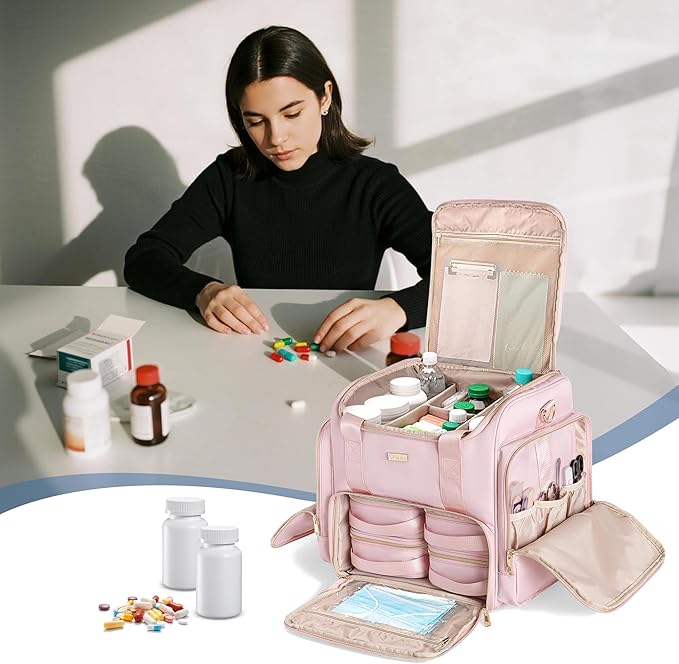 Rolling Medicine Bag for Travel, Large Pill Bottle Storage Bag on Wheels with 4 Cases and Detachable Trolley,Pink